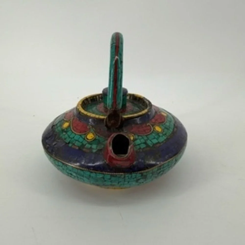 Vintage Tibetan Style Metal Teapot Turquoise Lapis Mosaic Inlay Decorative Pot